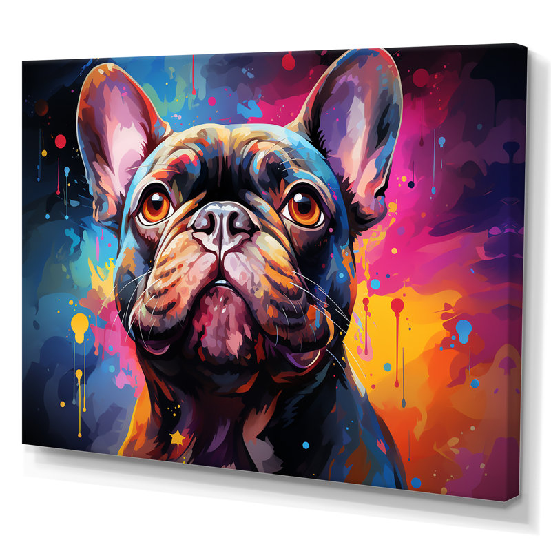 Chien, bouledogue français, fête IV - art mural chien, 16" H x 32" W, Toile tendue