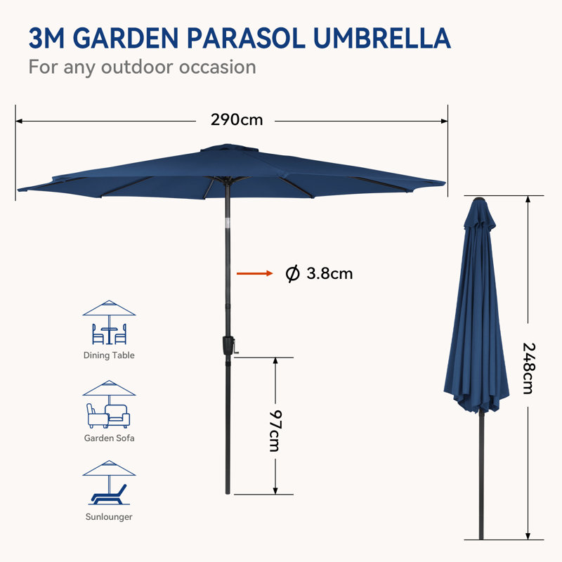 3m Large Paraso With UV, Garden Sun Shade Canopy Patio With Crank Tilt, Outdoor Umbrella  , Navy Blue