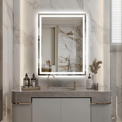 Miroir de salle de bain 36 po x 28 po à DEL avec lumières, miroir de meuble-lavabo à éclairage avant et rétroéclairé pour mur, miroir de maquillage double à DEL, 3 couleurs, incassable, antibuée, CR95 +, horizontal / vertical