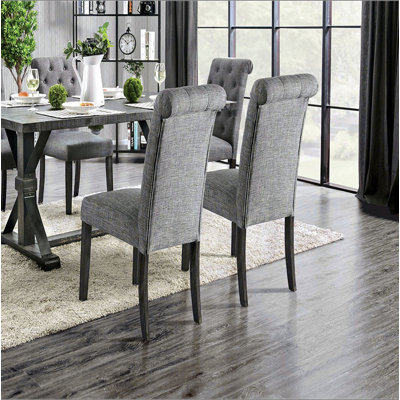 Ensemble de 2 chaises d'appoint classique classique noir / gris capitonné à boutons en tissu de bois massif avec dossier à volutes