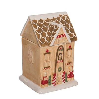Pot à biscuits Dolomite Gingerbread House - Contenant alimentaire en céramique pour Noël - Décoration de table colorée - Parfait pour une utilisation à l'intérieur, des cadeaux et des cadeaux d'hôtesse - Joyeuse Fête!