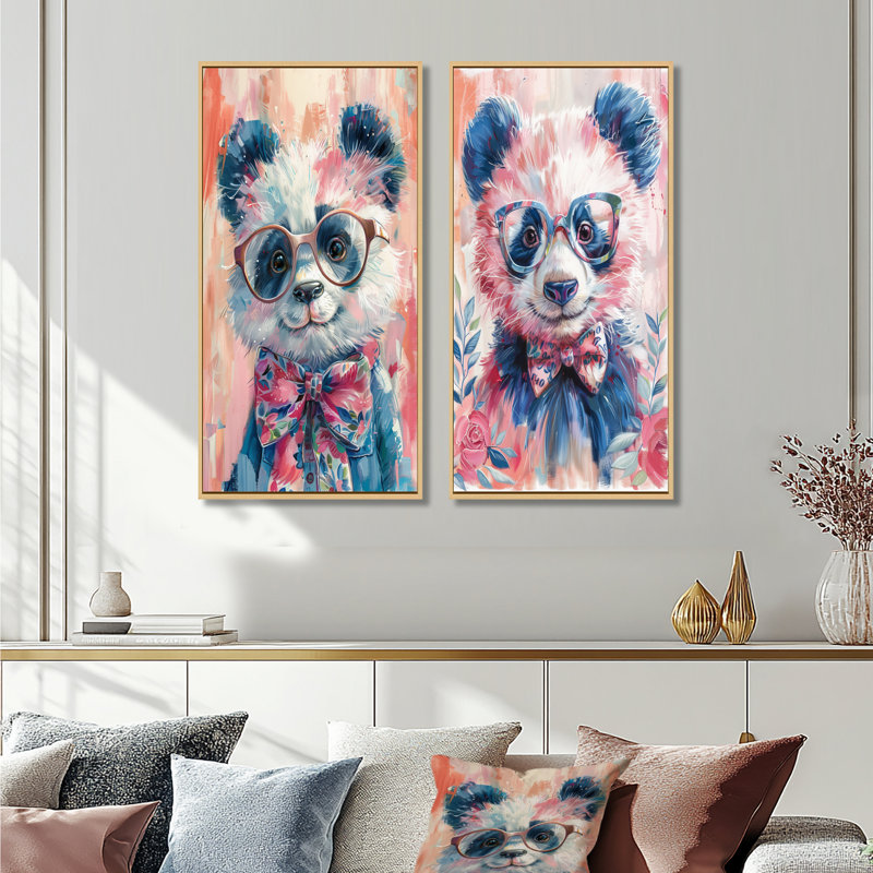 Ensemble de 2 pièces d'art mural clinchport - Panda, H 32 po x l 32 po, Impression encadrée, Érable