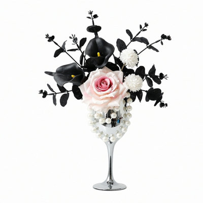 Artificial Mixed Flower Arrangement, Faux Light Pink Rose Black Calla Lily Black Eucalyptus Floral Centerpiece with Silver Goblet Vase & Pearl Decor, Tabletop Decor for Wedding Party Home Office