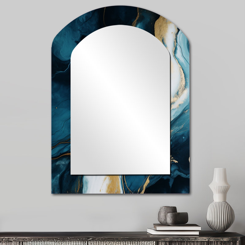 Or et bleu abstrait peinture marbrée I - décor de miroir mural arche dorée, 34 po x 25 po