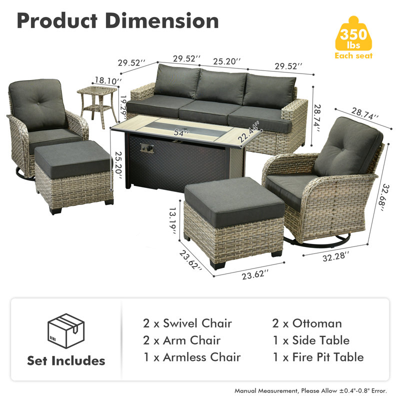 7 - Person Outdoor Seating Group With Cushions And Fire Pit, Black