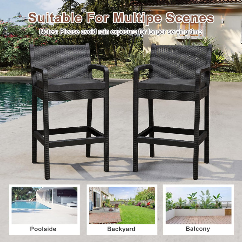 Set of 2 Outdoor Bar Stools with Arms, Patio Bar Stools Wicker Barstools Tall Chairs, Bar Height Patio Chairs for Balcony Garden Outside Pool Deck Backyard - Black (2 Pack)