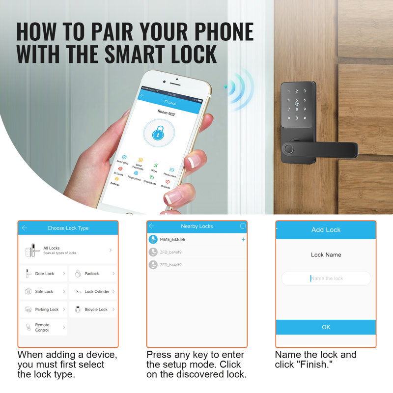 Serrure connectée, poignée de porte intelligente 5 en 1, verrou de sécurité à empreinte digitale avec application de contrôle, serrure connectée Bluetooth, serrure de porte sans clé avec poignée, serrure de porte biométrique, serrure de porte numérique à clavier pour porte d'entrée