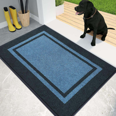 Non-Slip Machine Washable Entryway Rug, Entrance Mat, Indoor Front Door Mat, Super Absorbent Entry Rug For Muddy Shoes & Paws, Light Blue & Navy 24x36 inch