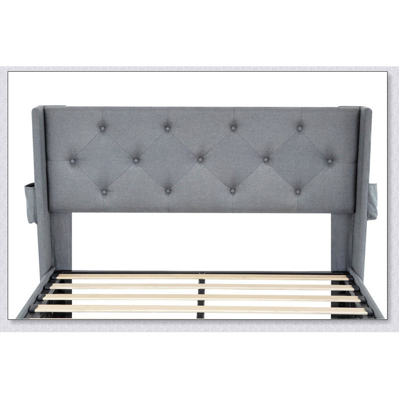 Cadre de lit avec rangement - Lit de rangement relevable avec tête de lit moderne à oreilles, ports USB, Gris clair