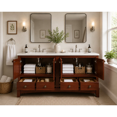 48" Solid Wood Double Sink Bathroom Vanity Cabinet - Cherry, Freestanding Bathroom Vanity Base with 4 Doors & 4 Drawers, Soft-Close Storage (Sink & Countertop Not Included)