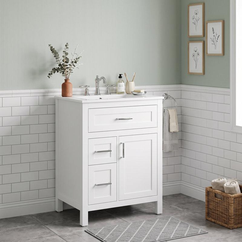 Meuble-lavabo autoportant avec lavabo en céramique, tiroir rabattable, 2 tiroirs de rangement, tablette réglable et support de porte