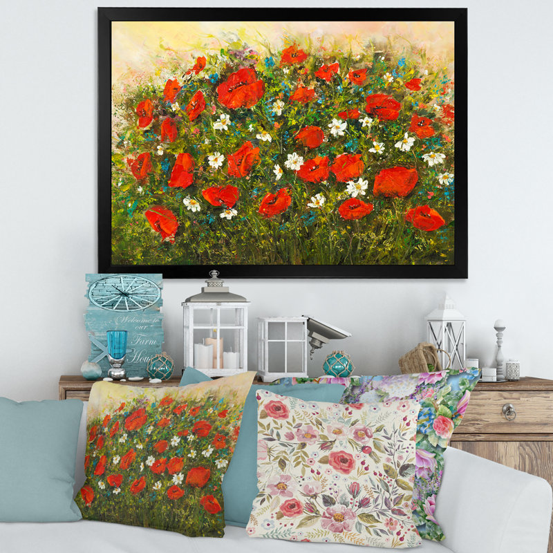 «Red Wildflowers in the Fields», peinture sur toile à cadre flottant, H 30 po x l 40 po x 1,5 po, Toile avec cadre noir