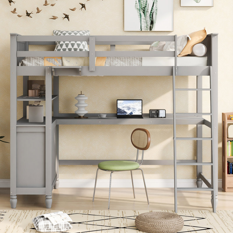 Lit mezzanine fonctionnel avec tiroirs, bureau et tablettes, parfait pour dormir, étudier et ranger les familles en pleine croissance