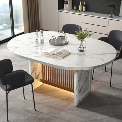 47" to 63" Extendable White Marble Pattern Dining Table with Multi- color RGB Lights and Storage Space