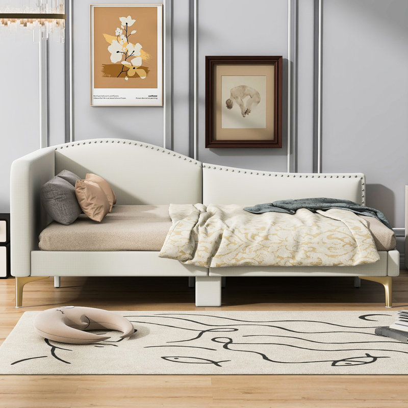 Lit de jour beige avec tête de lit, accoudoir et structure, Beige, Full/Double