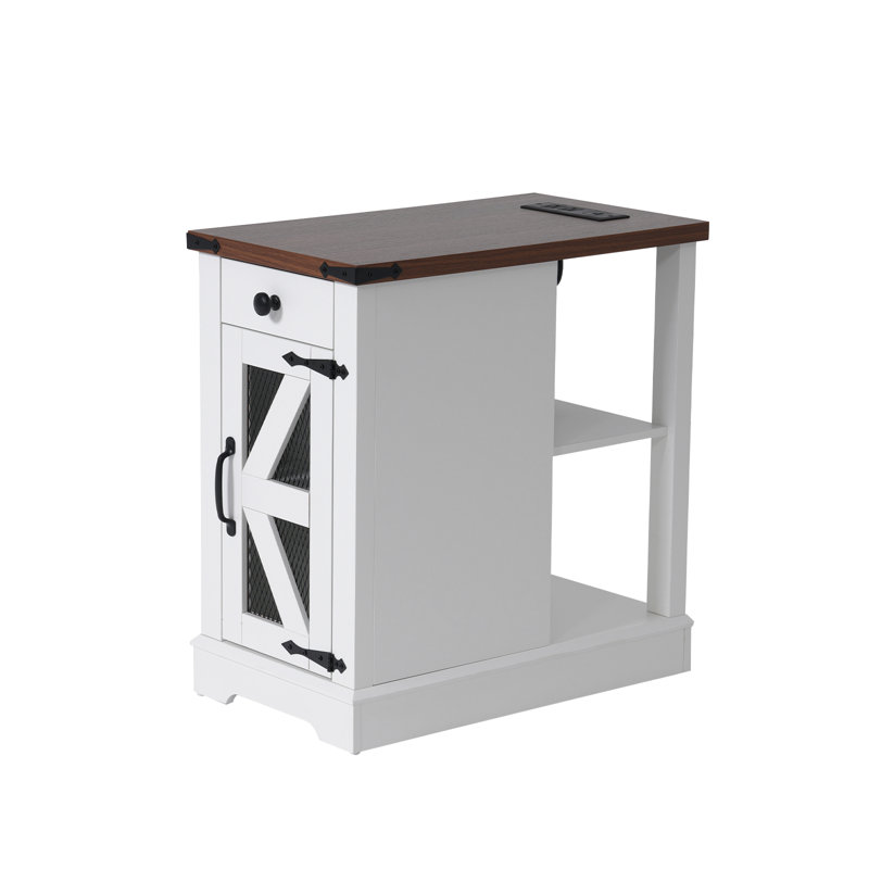 Multifunctional End Table With Charging Station, Brown Top/White Base