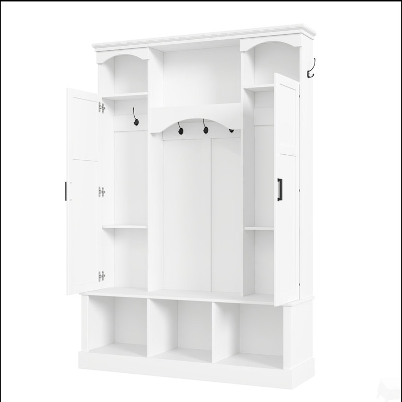 Modern All-in-One Hall Tree with Adjustable Shelves, Classic Arched Farmhouse Storage Bench with Dual Side Cabinets, Elegant Entryway Organizer with 7 Hooks for Mudroom, Hallway