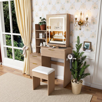 Vanity Desk With Led Lighting, 4 Drawers, Storage Shelves, And Power Outlet For Makeup And Beauty