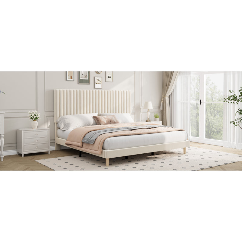 King Bed Frame with Adjustable Headboard, Velvet Upholstered Platform King Size Bed Frame, Vertical Channel Tufted, Strong Wooden Slats, No Box Spring Needed, Easy Assembly, Beige