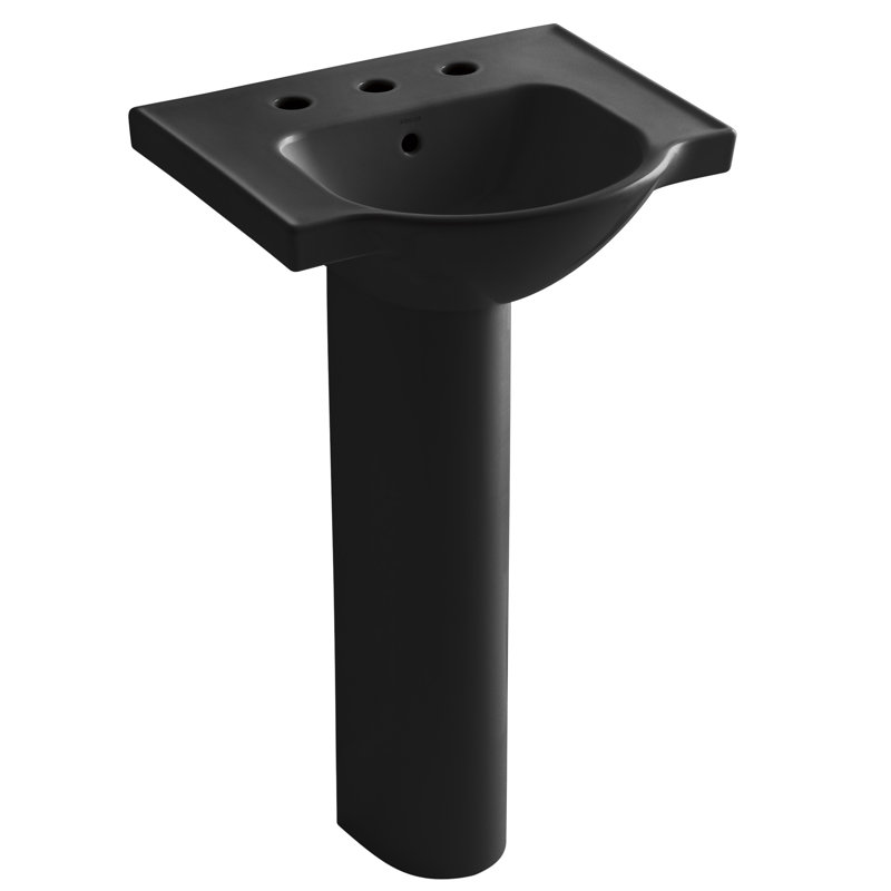 Veer™ Ceramic Pedestal Bathroom Sink with Overflow, Black, 4" Centers, 35.5" H x 24" L x 18.25" W