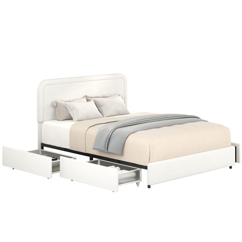 Lit plateforme tapissier Liv Ivory Boucle avec tiroirs de rangement, tête de lit capitonnée courbée