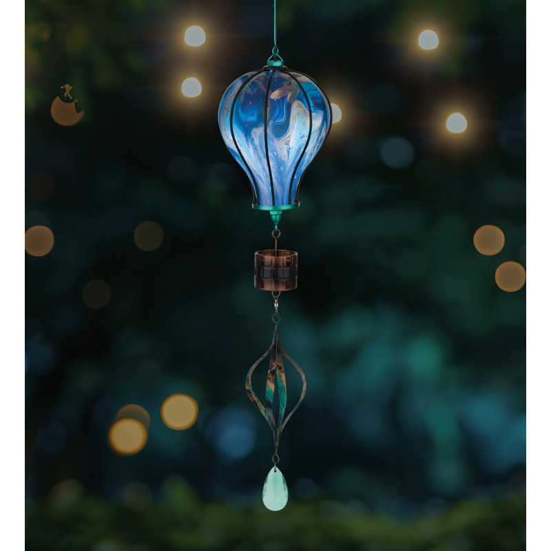 33" Hanging Swirl Balloon Solar Lantern with Glass Panels and Metal Frame, Green