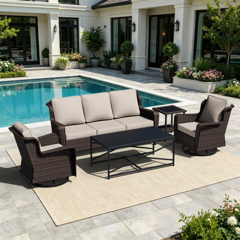 5-Person Outdoor Patio Conversation Seating Group Swivel Chairs With Coffee Table And Beige Cushions, Beige