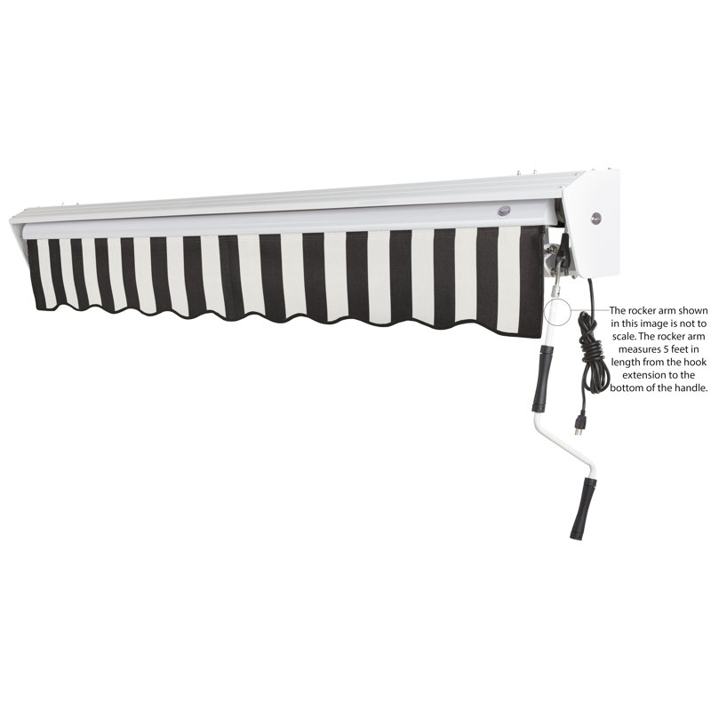 Auvent de patio rétractable avec capuchon Awntech Destin, l 16 pi x P 10 pi, Moteur droit, Rayures noires et blanches