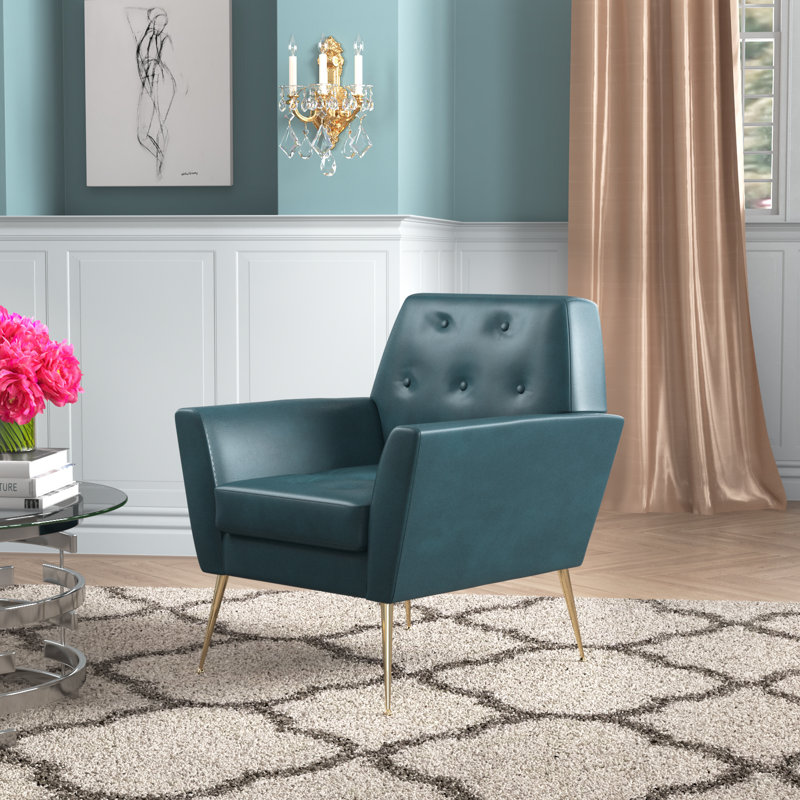 Johan Faux Leather Armchair With Metal Legs and Tufted Back, Turquoise