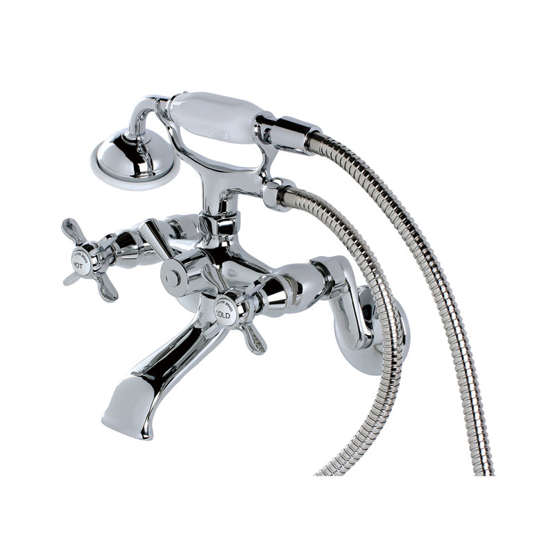 Kingston Brass Essex Three-Handle 2-Hole Wall Mount Clawfoot Tub Faucet with Hand Shower, Chrome