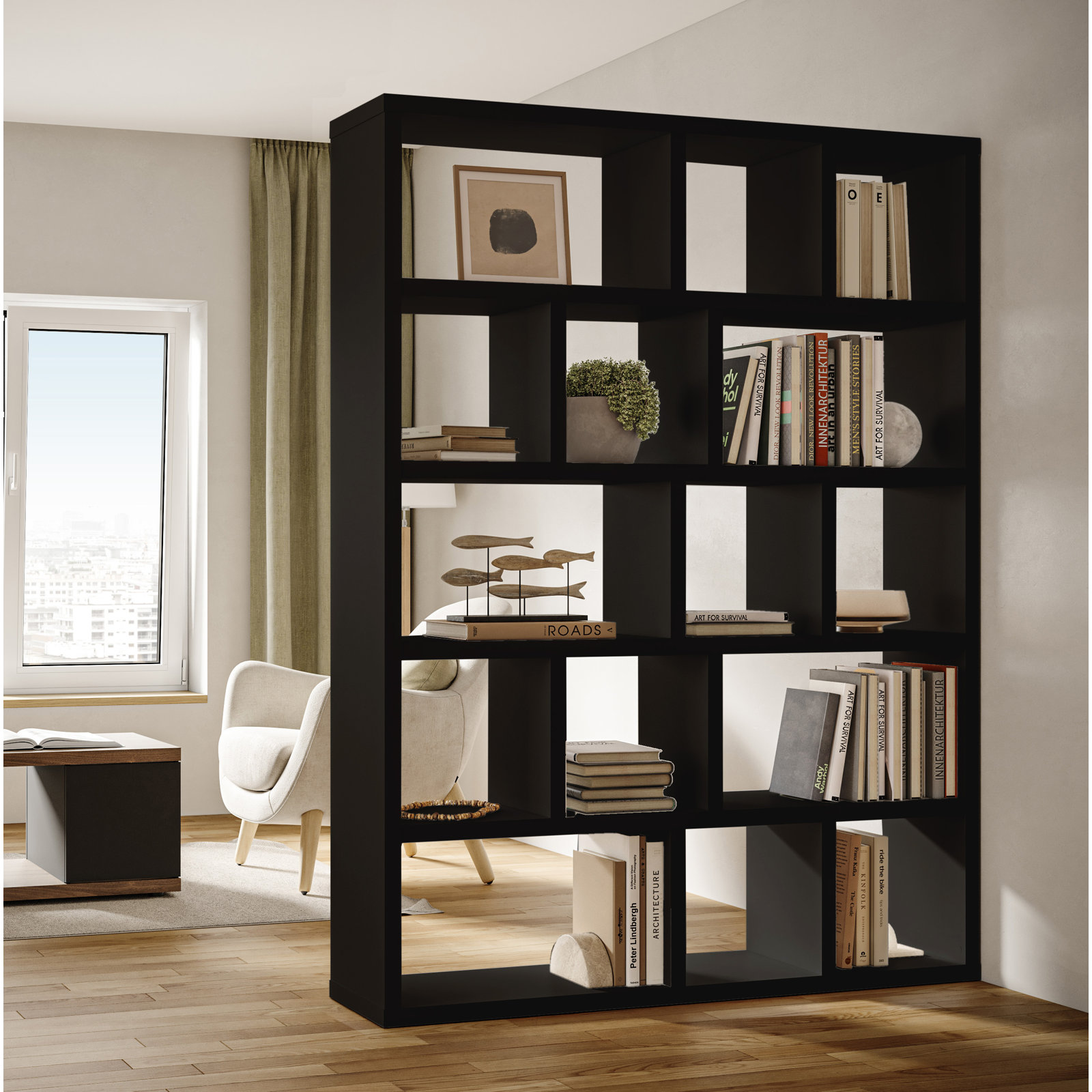 Stetson Wood Bookcase, (5 Shelves) 78" H x 59" W x 13" D, Pure Black