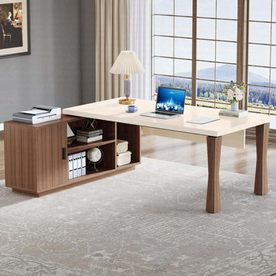 Bureau de direction en L 70,87 po avec armoire de rangement, tablettes et support pour unité centrale, poste de travail moderne
