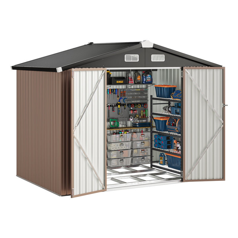 8 Ft. W X 6 Ft. D Metal Storage Shed With Metal Base Frame Kit, 8' W x 6' D, Brown
