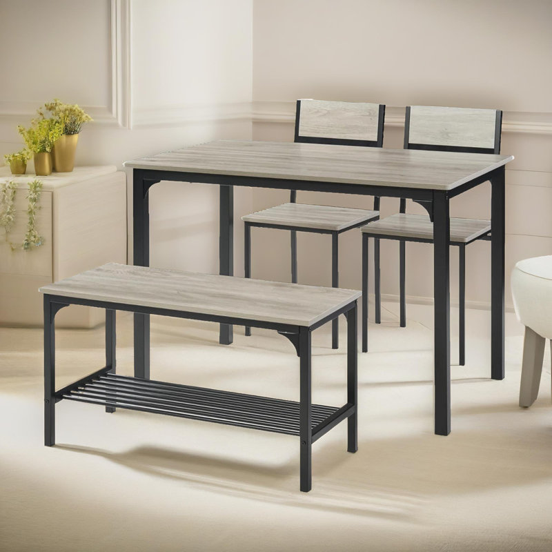 Nye Rustic Industrial 4 - Person Dining Set, Metal Frame, Kitchen Chair and Table, Gray