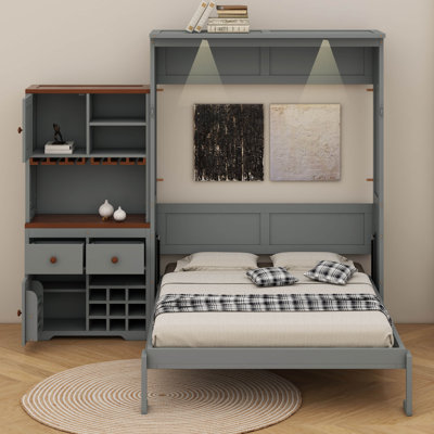 Grand lit escamotable avec armoire de rangement, support à vin, porte-verre, tiroirs et bande DEL multicolore