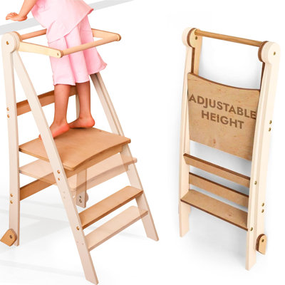 Wooden Montessori Learning Tower Space-Saving: Foldable Learning Tower, Stool for Children, Foldable Kids' Step Stool, Tower with 2-Level Height Adjustable & Anti-Tip Protection