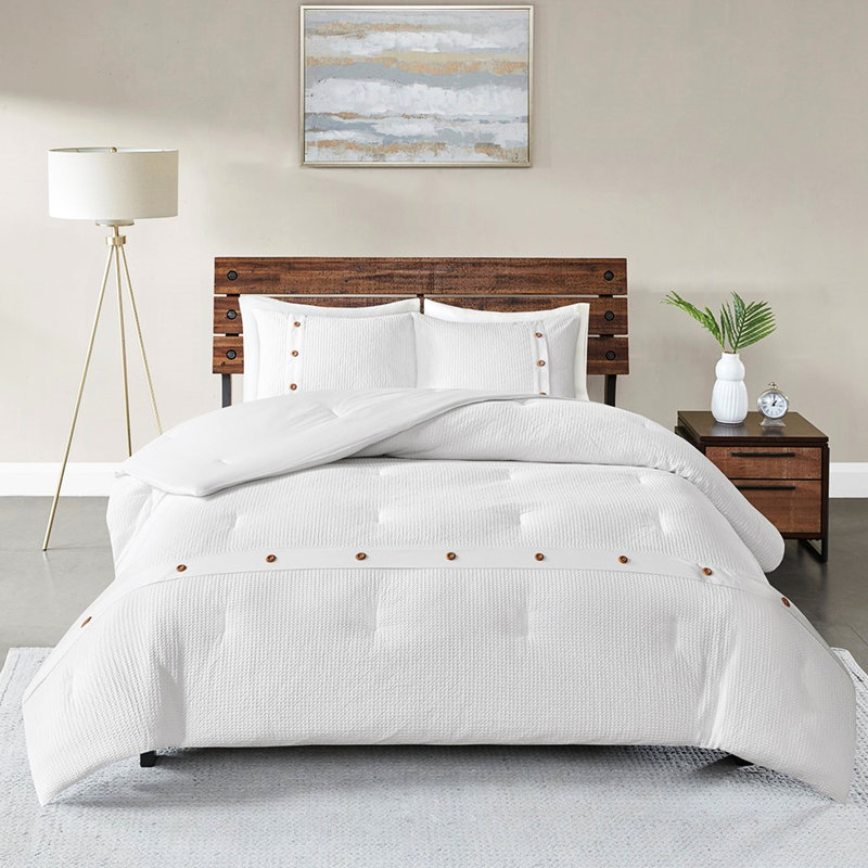 Édredon 100% coton tissé gaufré très grand / très grand - 3 pièces, lavable à la machine, boutons décoratifs en bois décoratifs, style contemporain, literie pour pièces, caractéristiques, chambre à coucher moderne,