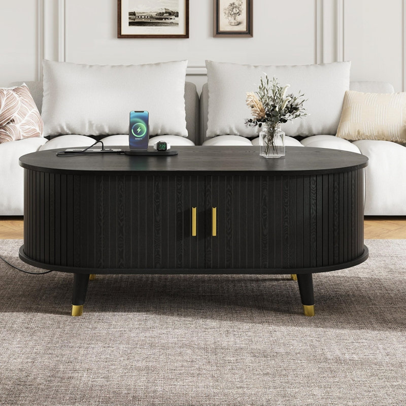 Table basse ovale en bois cannelée, Noir