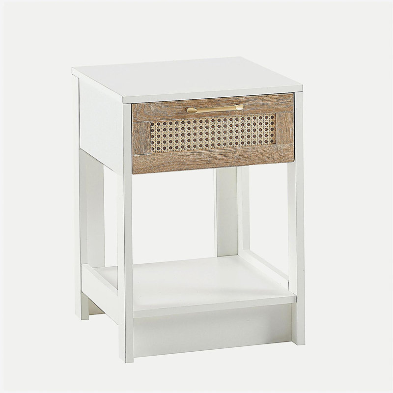 Table d'appoint 15,75 po en osier avec tiroirs, table de chevet moderne, salon, table d'appoint de chambre à coucher, blanc