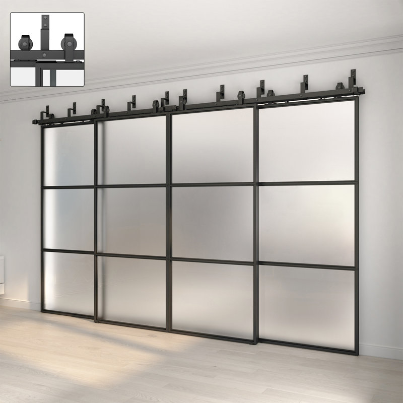 Porte de grange en verre givré BUBASS 84 po. Avec quincaillerie de 24 pi et fermeture en douceur JUBEST, 144" x 84"