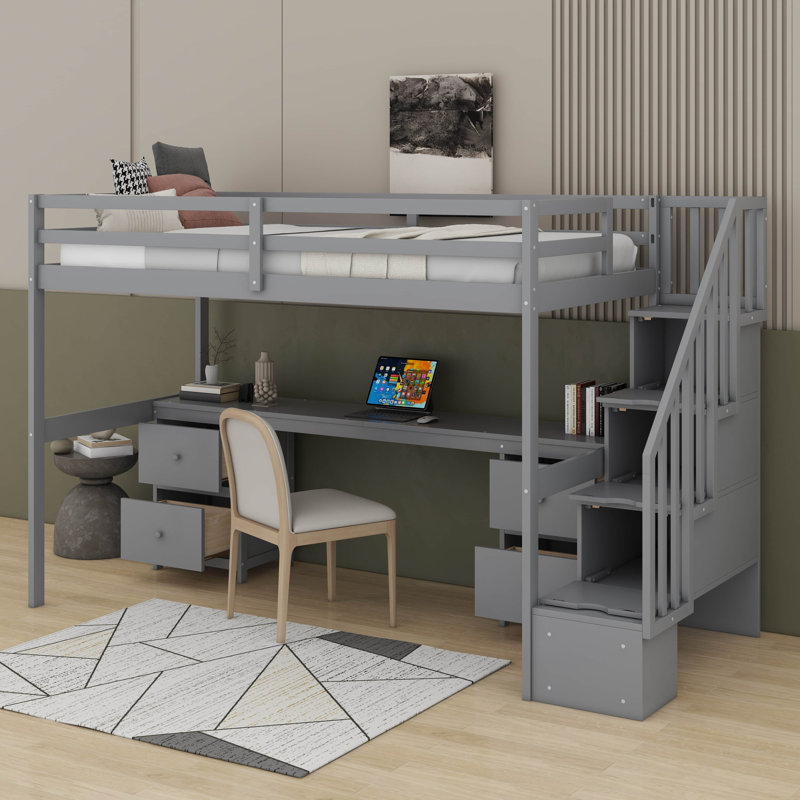 Lit mezzanine simple avec bureau et tiroirs, gris