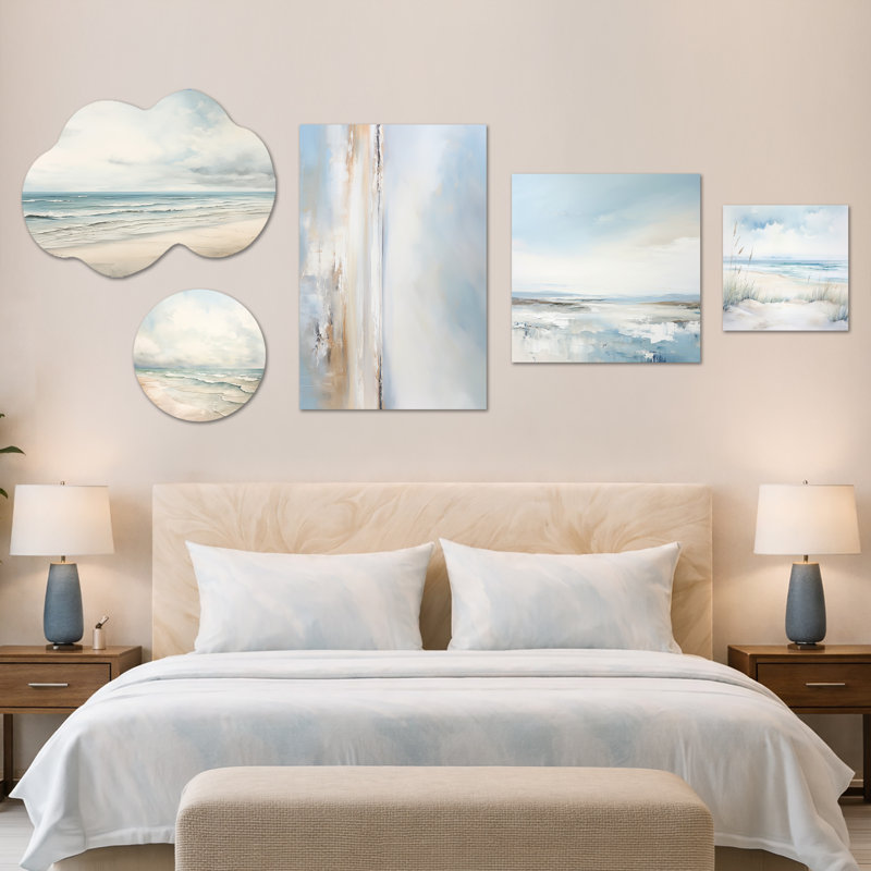 «Soft Color Beach Horizon I», ensemble de 5 décorations murales encadrées en toile et en métal (100 po x 40 po)