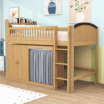 Lit mezzanine en bois avec garde-robe et tête de lit à DEL
