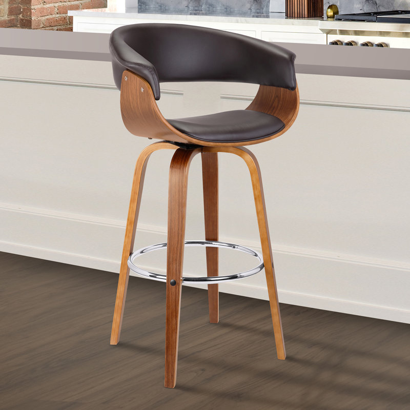 Chagnon Swivel Counter or Bar Height Bar Stool with Arms and Open Back in Faux Leather, Wood, Counter Stool (26" Seat Height)