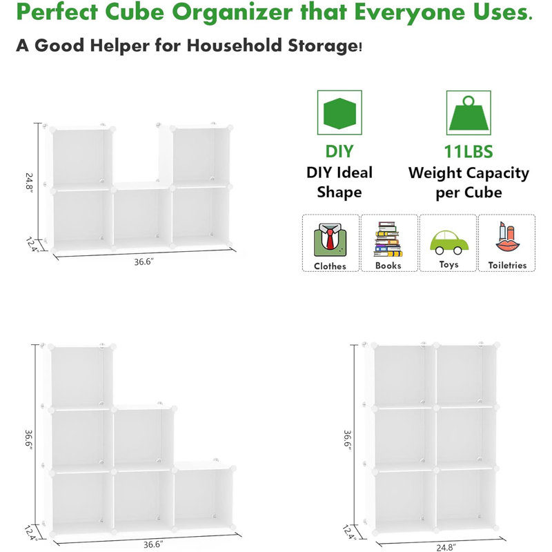 6-Cube Storage Organizer Stackable Storage Cubes Shelves, Milky