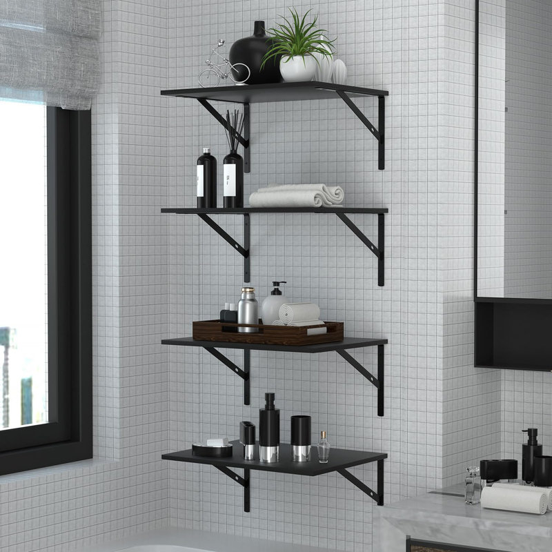 Deep Floating Wall Shelves Set Of 4, 12 Inch Wide Wood Shelves For Bathroom, Bedroom, Kitchen, Living Room, Sturdy Steel Brackets & Easy Installation