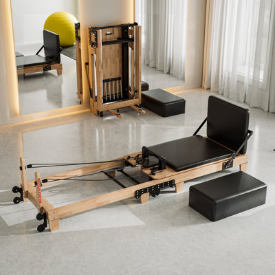Okakopa Foldable Wooden Pilates Reformer with Jump Board and Box, 6-Spring Adjustable Resistance Home Gym Equipment for All Levels, 500 lbs Weight Capacity