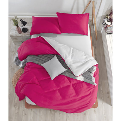 Ensemble de housse de couette 4 pièces en mélange de coton fuchsia / gris clair Foelke