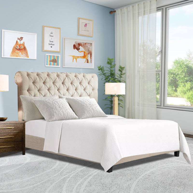 Lit tapissier en tissu, base de lit à hauteur réglable capitonnée, Beige, Double