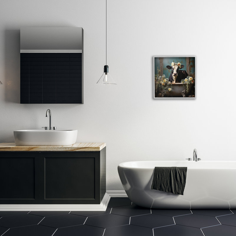 Vache rétro dans la baignoire, giclée par Lazar Studio, H 17 po x l 17 po, Estampe numérique Farmhouse